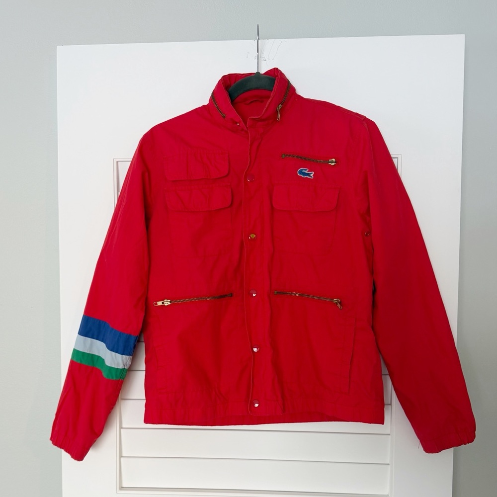 Lacoste Vintage Men's Vibrant Red Coat with Blue and Green Stripes